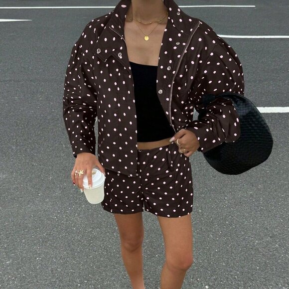 Casual Women's Polka Dot Print Long Sleeve Zip-Up Jacket & shorts set - Picture 3 of 6